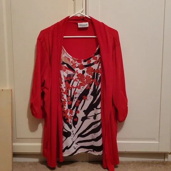Serengeti 2X Cardigan Top With Built In Shirt Red Zebra Print Bling - Picture 2 of 12